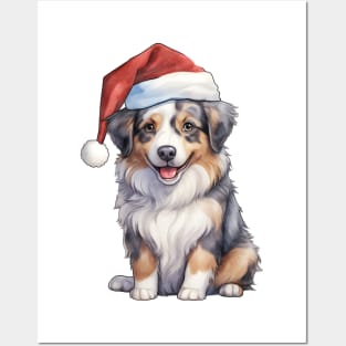 Australian Shepherd Dog in Santa Hat Posters and Art